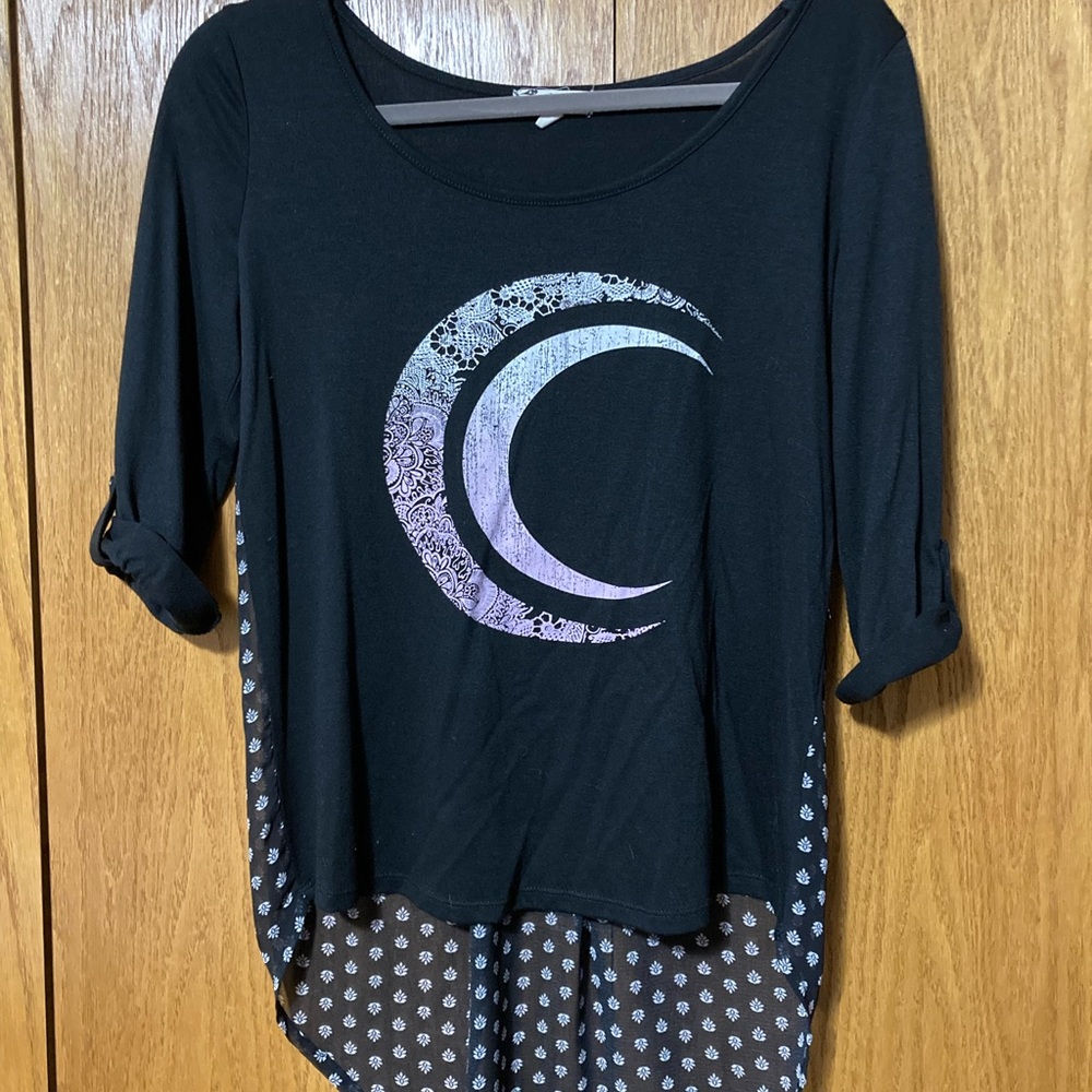 About A Girl Black and White Moon Graphic Long Sleeve Top
